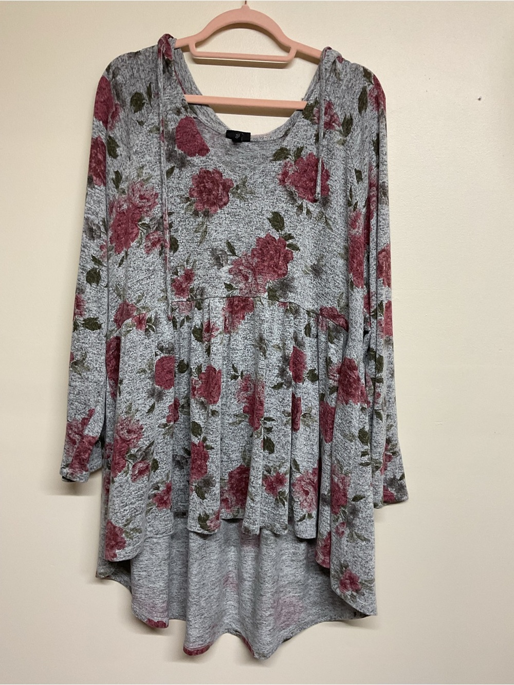 torrid Gray Hooded Tunic with Rose Floral Print